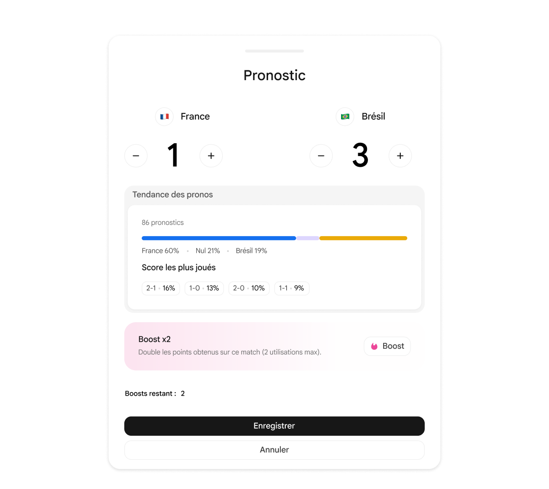 Écran de pronostics Laroutourne : saisie du score exact d'un match