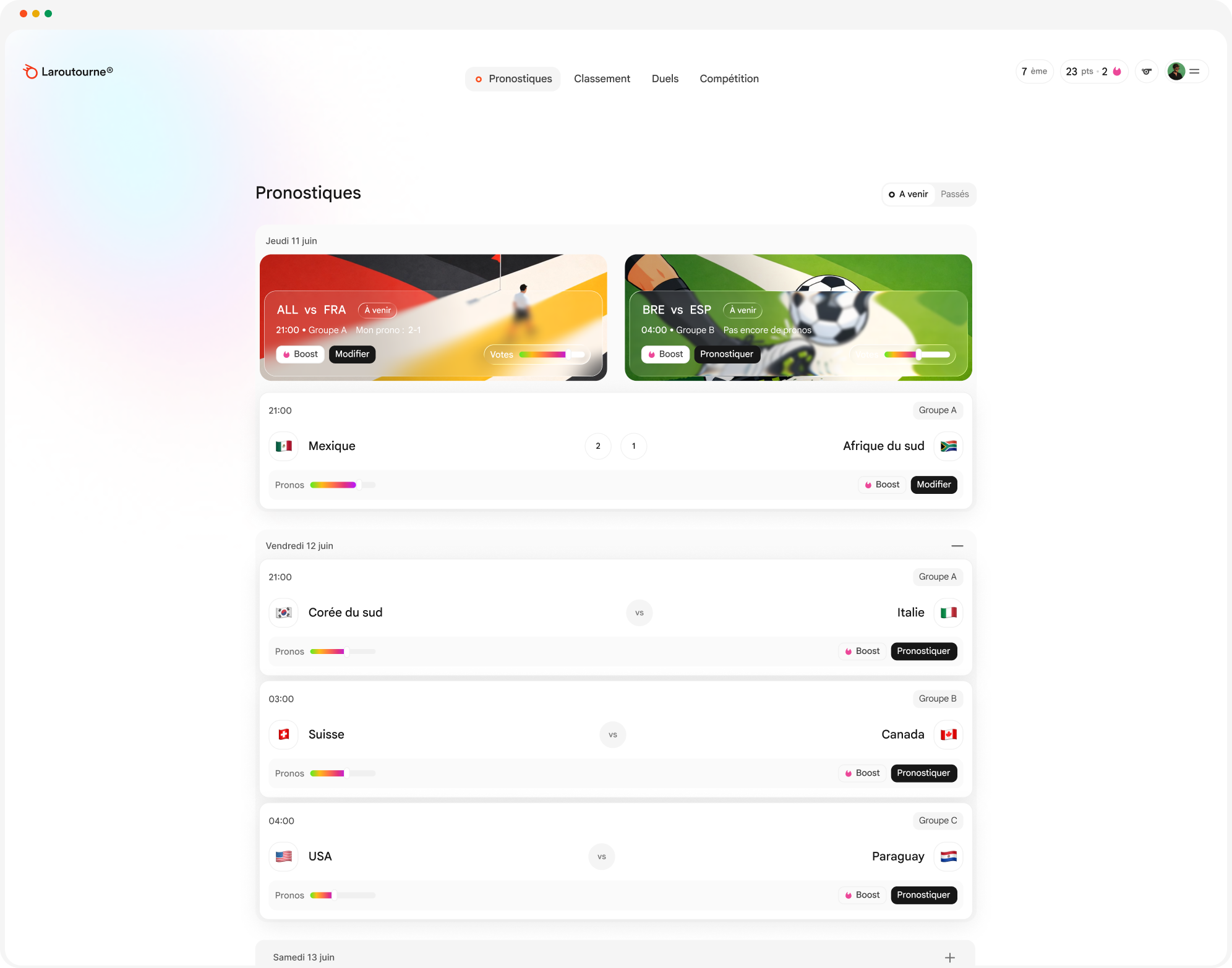 Interface Laroutourne : classement de la ligue et pronostics de la journée